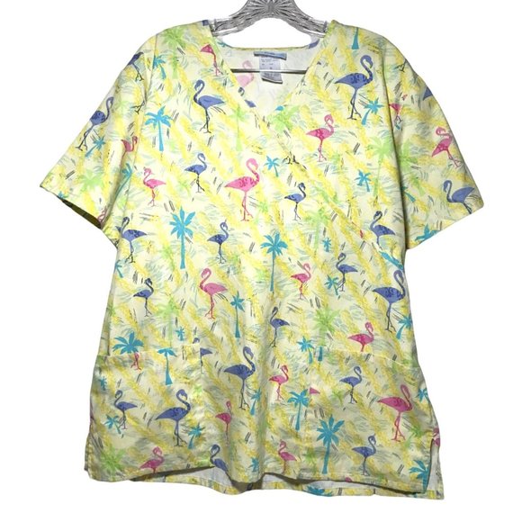 SB Scrubs Tops - SB Brand Multicolor Flamingo Print Womens Scrub Top Size L Yellow
